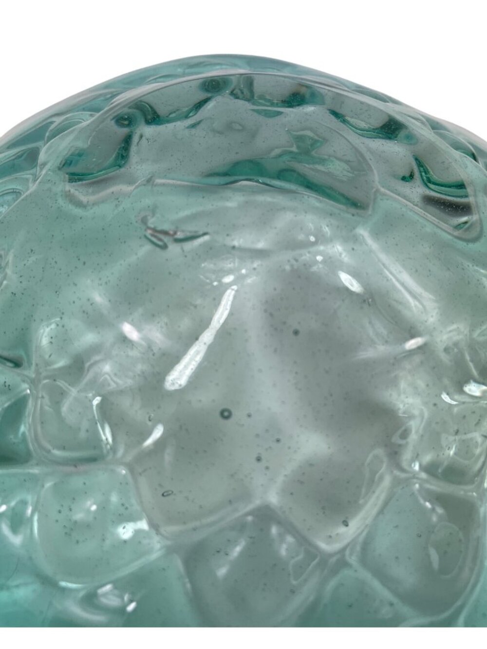 Vintage Hand Blown Turquoise Glass Bowl w/ Ruffled Edge & Textured Floral Design - Picture 8 of 10